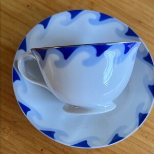 🌊 Antique vintage Blue and White Teacup Saucer wave pattern Japan Yoshino China